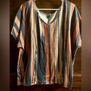 Emery Rose, Striped V-Neck Tee in Blue, Orange, and Cream